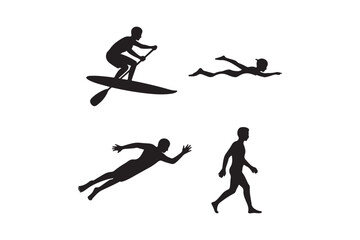 Silhouettes of people engaged in various water and land sports activities