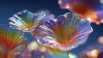 Delicate, iridescent, glassy floral artwork on blue