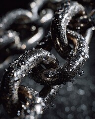 Close-up of a wet, aged metal chain against a bokeh backdrop