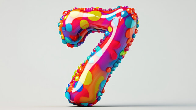 Colorful number seven with glossy finish and playful polka dots, perfect for celebrations or events. This vibrant design adds fun touch to any occasion