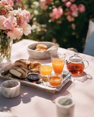 Outdoor breakfast pastries, juice, tea, on silver tray