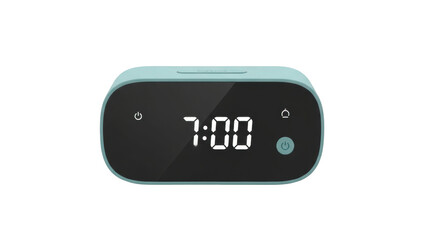 Isolated teal digital alarm clock showing 7 AM for a modern bedroom, time is important