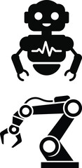Modern robot icon and industrial robotic arm silhouette for technology and automation