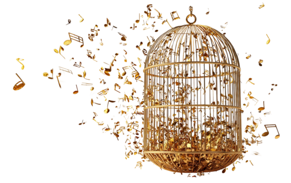 Contemporary surreal artwork featuring a floating cage releasing glowing golden notes in a creative composition isolated on transparent background PNG