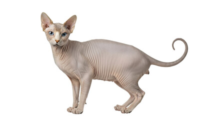 Isolated Sphynx cat with blue eyes stands alert in studio shot; hairless domestic animal pet