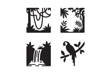 Black silhouette jungle scenes with waterfall and parrot