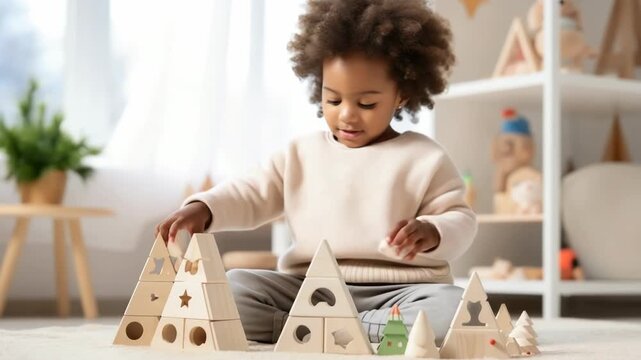 Adorable African American young girl having fun with a stack of wooden blocks in a cozy and well lit living room, nurturing her creativity and imagination at home