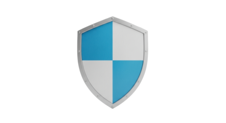 Isolated shield graphic with metal trim and quartered blue and white fields, protection concept