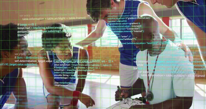 Coach kneeling with clipboard drawing basketball play for strategy as players pointing at plan - Powered by Adobe