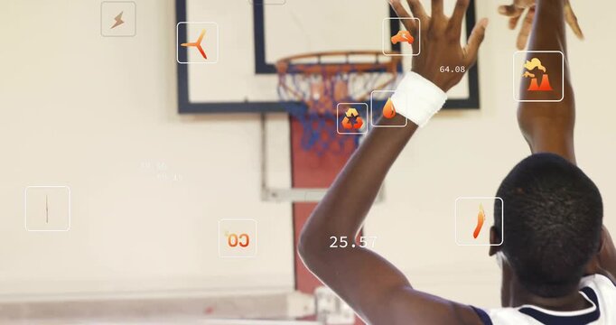 Player raising ball under hoop, aligning aim and activating sports metrics tracking performance - Powered by Adobe