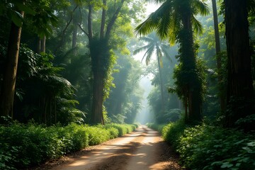 Naklejka premium A jungle trail road surrounded by giant tropical trees. 