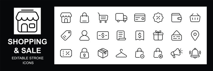 Shopping & sale outline icon set. Containing Shop, e-commerce,  store, cart, market, buyer, purchase, goods and more. Editable stroke. Vector illustration