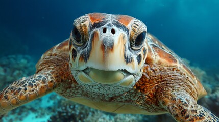 Fototapeta premium Turtle face close-up underwater.