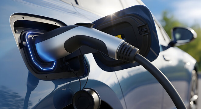 Electric vehicle charging at a station with a modern charger showcasing sustainable energy and ecofriendly transportation solutions in action