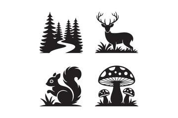 Forest silhouette collection featuring deer squirrel trees and mushrooms