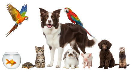 Isolated group of pets with fish, turtle, kitten, dog, rabbit, pig, puppy, ferret and two parrots © Natasha