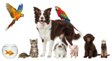 Isolated group of pets with fish, turtle, kitten, dog, rabbit, pig, puppy, ferret and two parrots