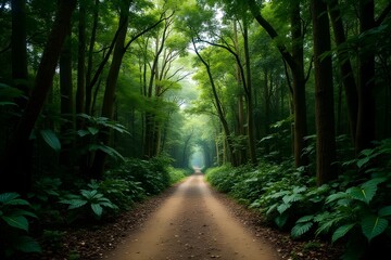 Naklejka premium A jungle trail road surrounded by giant tropical trees. 
