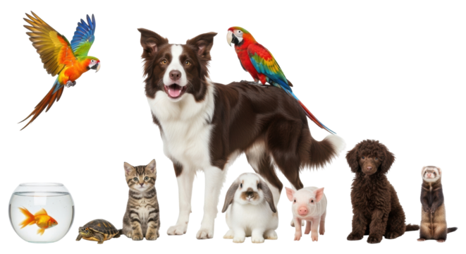 Isolated group of pets with fish, turtle, kitten, dog, rabbit, pig, puppy, ferret and two parrots