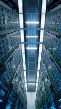 Futuristic low-angle video in a state-of-the-art data center, showcasing towering server racks, blinking LEDs, and luminous fiber optic cables. Concept of immense technological power and precision