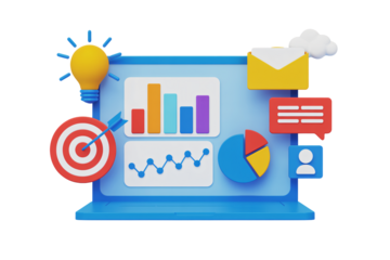 Achieve business goals with data analytics, marketing, and teamwork visualized on a laptop screen with a target, lightbulb, and charts for success