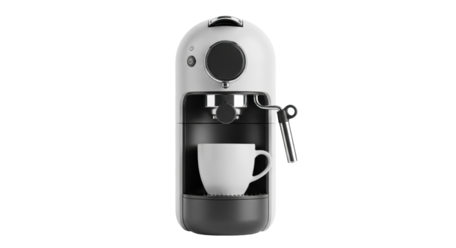 Isolated coffee machine preparing drink into a cup, automatic maker of beverage, espresso maker