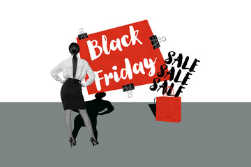 Composite photo collage of anonym girl stand back sale promo clip black friday shopping promo formal wear isolated on painted background