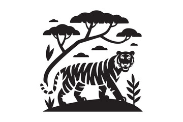 Stylized black and white tiger silhouette in an african savanna landscape