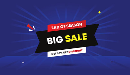 big sale end of season get fifty percent off discount editable web banner vector art template design badge icon label black red white gradient shapes blue light sun shine business abstract background