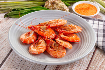 Delicous boiled tiger prawn with sauce