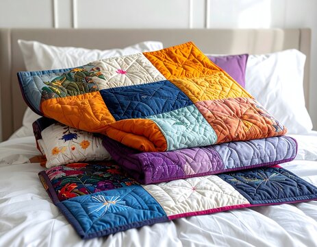Handmade quilt on a bed with vibrant patchwork squares