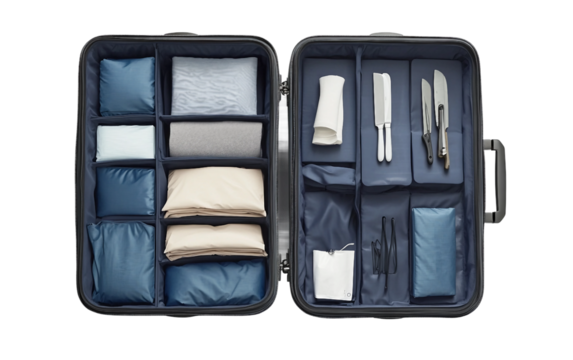 Travel suitcase showing perfectly packed clothing and accessories inside organized packing cubes for hassle free trips isolated on transparent background PNG