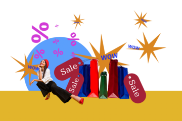 Composite photo collage of happy girl shopaholic sit bags purchase black friday promo retail percent isolated on painted background