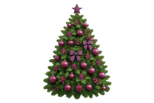 Christmas tree decorated with pink ornaments, purple bows, and star topper, holiday festive season concept