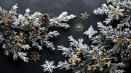 Golden Snowflakes, Frosted Pines, and Glowing Decorations Welcoming a Merry Christmas and a Joyful New Year. Happy new year