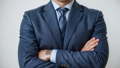 Confident businessman in a modern blue suit with arms crossed projecting success, leadership, and authority in corporate environments and business presentations