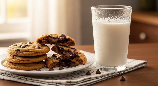 Delicious chocolate chip cookies with a glass of fresh cold milk on wooden table