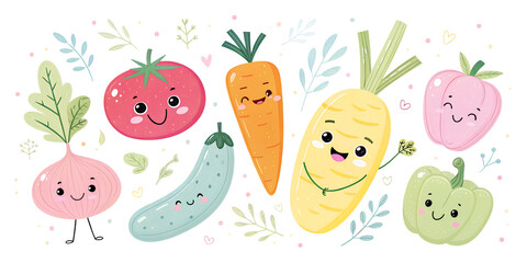 Playful Pastel Vegetable Illustration, baby carrot, Assorted Vegetables Characters Seamless Pattern