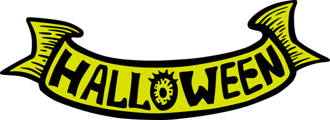 Halloween Doodle Ribbon with Lettering Word, Cute Cartoon Graphic in Neon Green Yellow Colors. Isolated Vector Illustration for Sticker or Poster Design