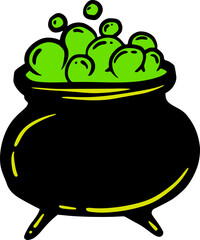 Halloween Cauldron with Bubbling Potion, Cute Cartoon Graphic in Neon Green Yellow Colors. Isolated Vector Illustration for Sticker or Poster Design