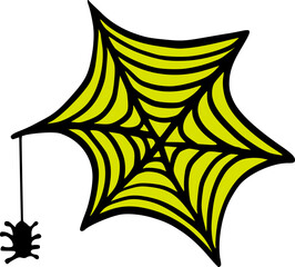 Halloween Spiderweb with Hanging Spider, Cute Cartoon Graphic in Neon Green Yellow Colors. Isolated Vector Illustration for Sticker or Poster Design