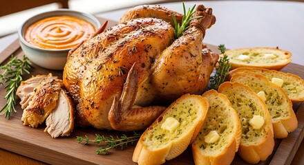 Delicious roasted chicken dinner served with garlic bread and flavorful sauce