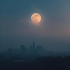 Fototapeta premium The ethereal glow of a supermoon hanging low over a distant cityscape, larger than life.