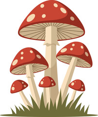 Illustration of a group of red and white spotted mushrooms growing in green grass.