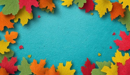 Vibrant autumn leaves frame a light teal textured backdrop, showcasing a cheerful autumnal scene.