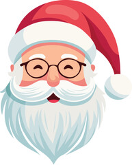 Cartoon illustration of Santa Claus's head with a red hat, white beard, and glasses, smiling gently.