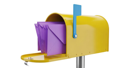 Isolated yellow mailbox full of purple envelopes, mail delivery, postal service, mailing