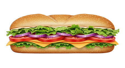 Isolated submarine sandwich with lettuce, tomato, cheese and onion, no background image