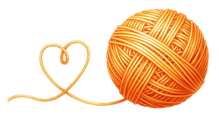 Illustration of a ball of orange yarn with a heart shape formed by the trailing string, isolated on transparent background