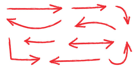Hand drawn crayon movement arrow collection. Grunge squiggly red arrow set. Pencil chalk lines sketch. Color brush scribble element set. Doodle vector illustration.